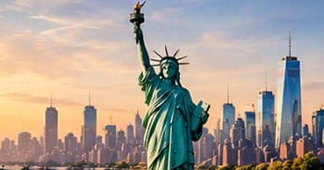 Contoh pemandangan Patung Liberty dan cakrawala New York