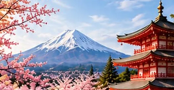 Contoh pemandangan Jepang: Gunung Fuji, bunga sakura, dan pagoda